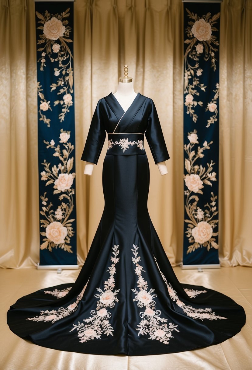 A black Montsuki Japan wedding dress displayed on a luxurious silk backdrop, adorned with intricate embroidery and elegant floral patterns