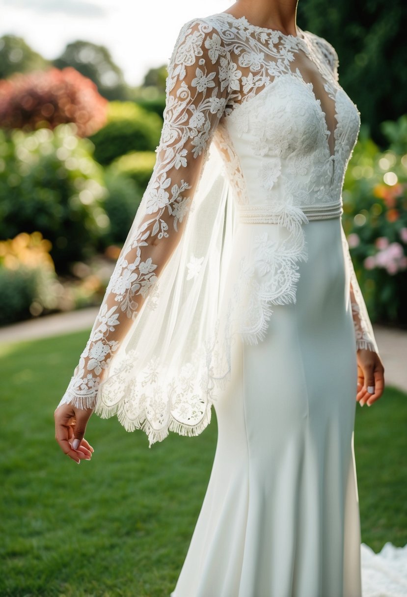 Floral lace sleeves drape over a flowing wedding dress in a lush garden setting