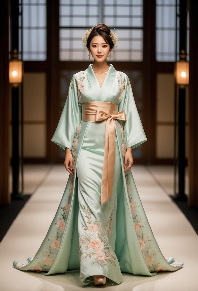 A flowing, elegant gown with traditional Japanese patterns and a Western silhouette, adorned with delicate floral embroidery and a sash tied in a bow