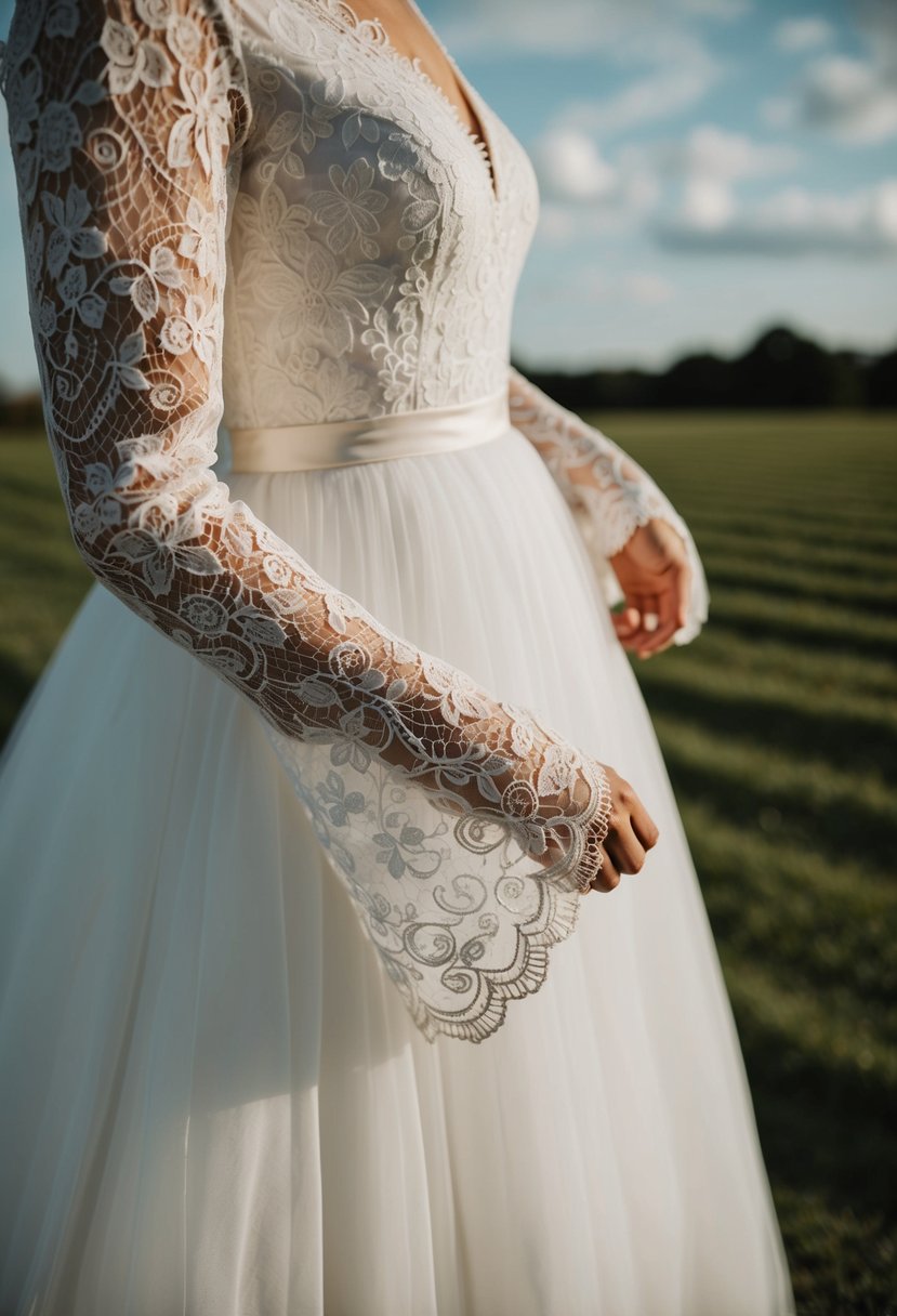 Scalloped edge lace sleeves drape elegantly on a flowing wedding dress, adding texture and romance to the design