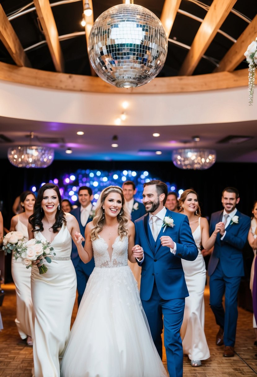 Bridal party enters a 70s disco-themed wedding, grooving to funky music under a glittering disco ball