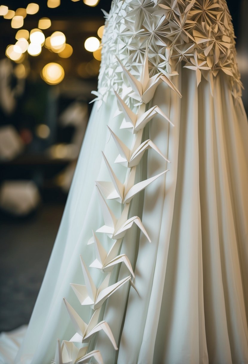 An intricate origami crane adorns a flowing Japanese wedding dress, with delicate paper details cascading down the gown