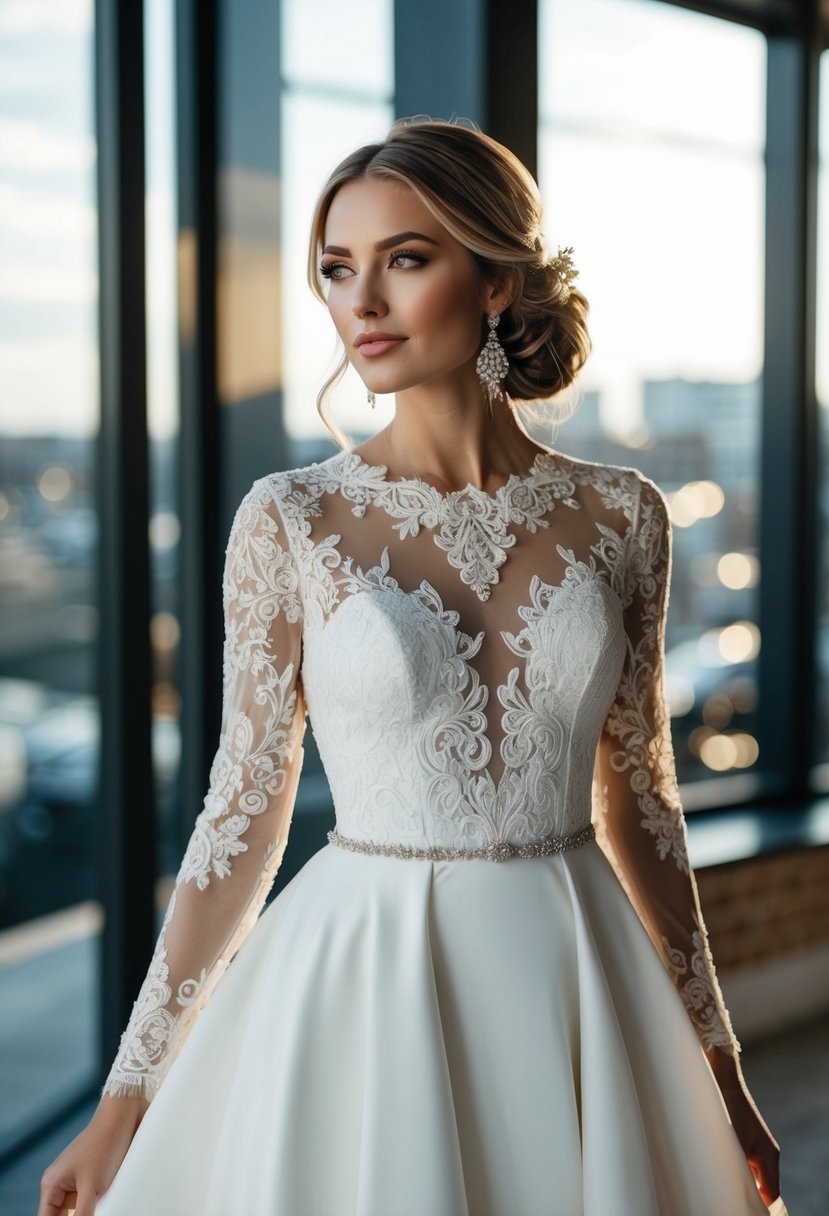 A lace sleeves wedding dress with intricate patterns and a modern twist