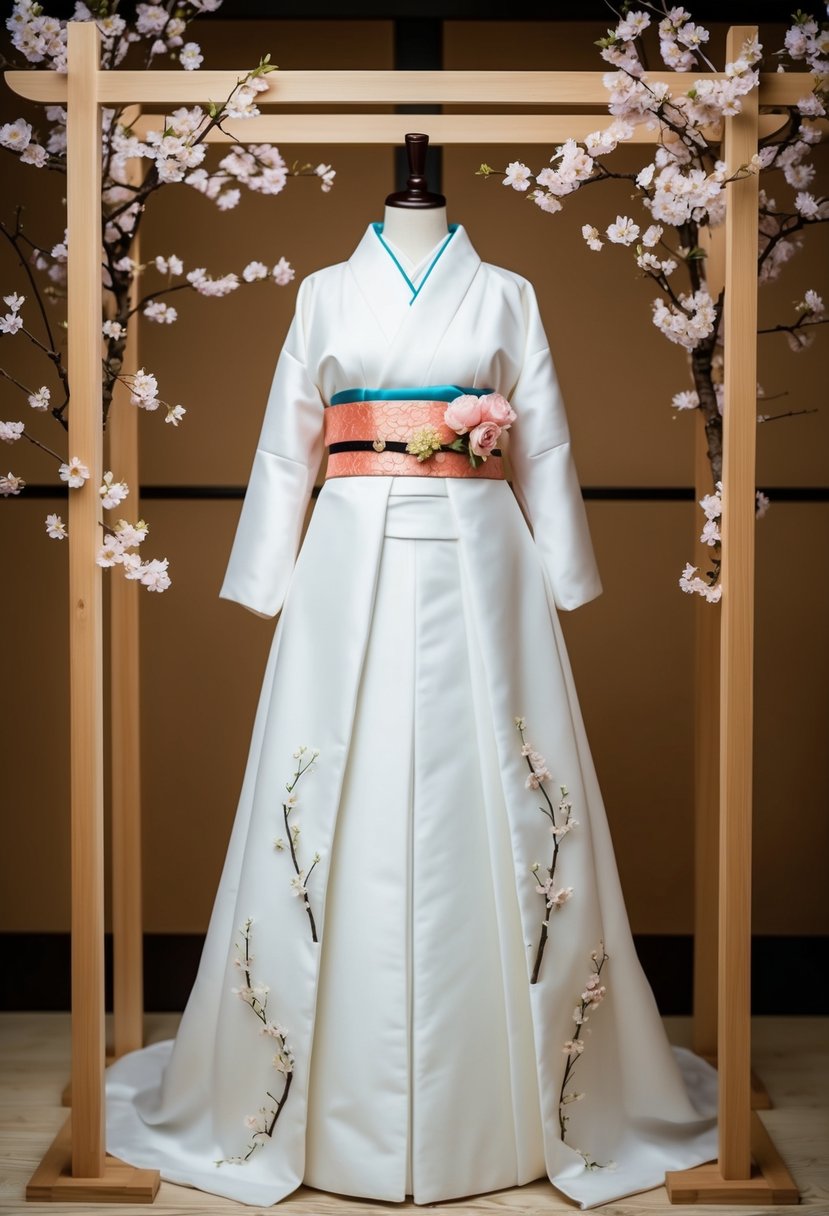 A traditional white Iro-uchikake Japan wedding dress displayed on a wooden stand, surrounded by delicate cherry blossom branches