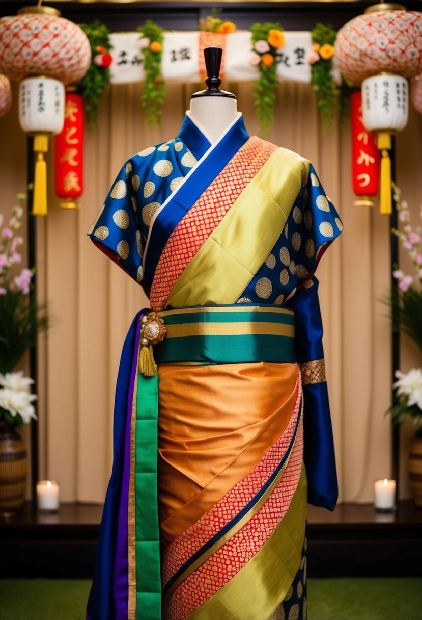 A silk furisode adorned with modern patterns and vibrant colors, set against a backdrop of traditional Japanese wedding decor