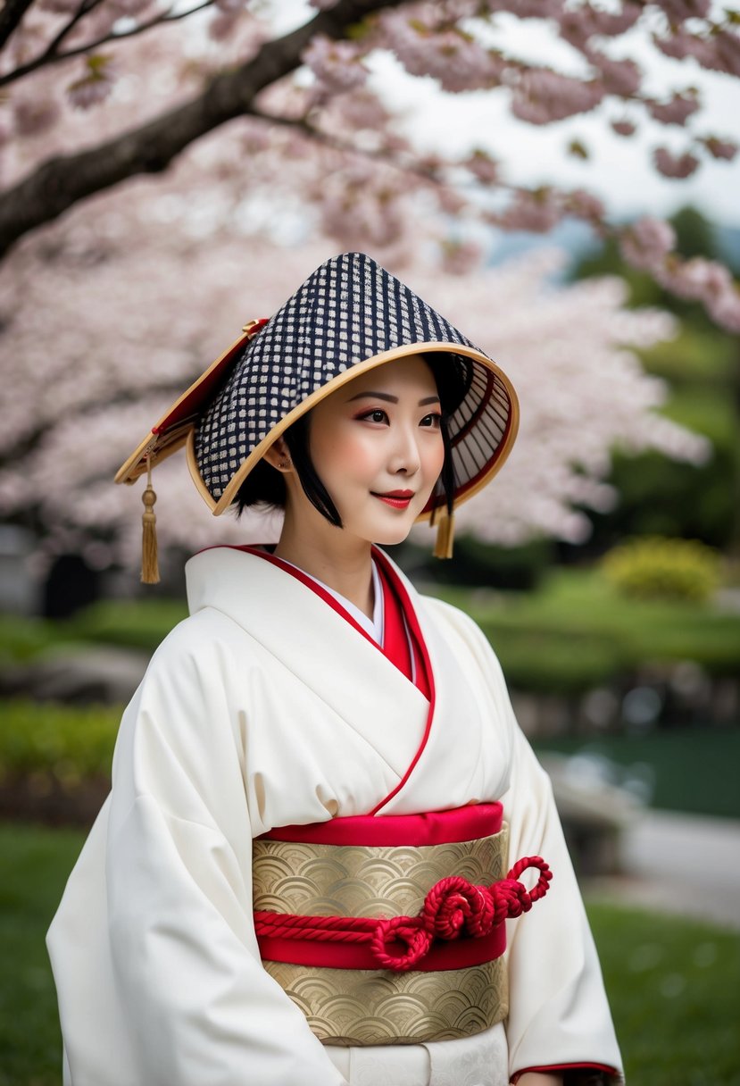 A traditional Japanese wedding dress with a patterned tsunokakushi hood, set against a backdrop of cherry blossoms and a serene garden