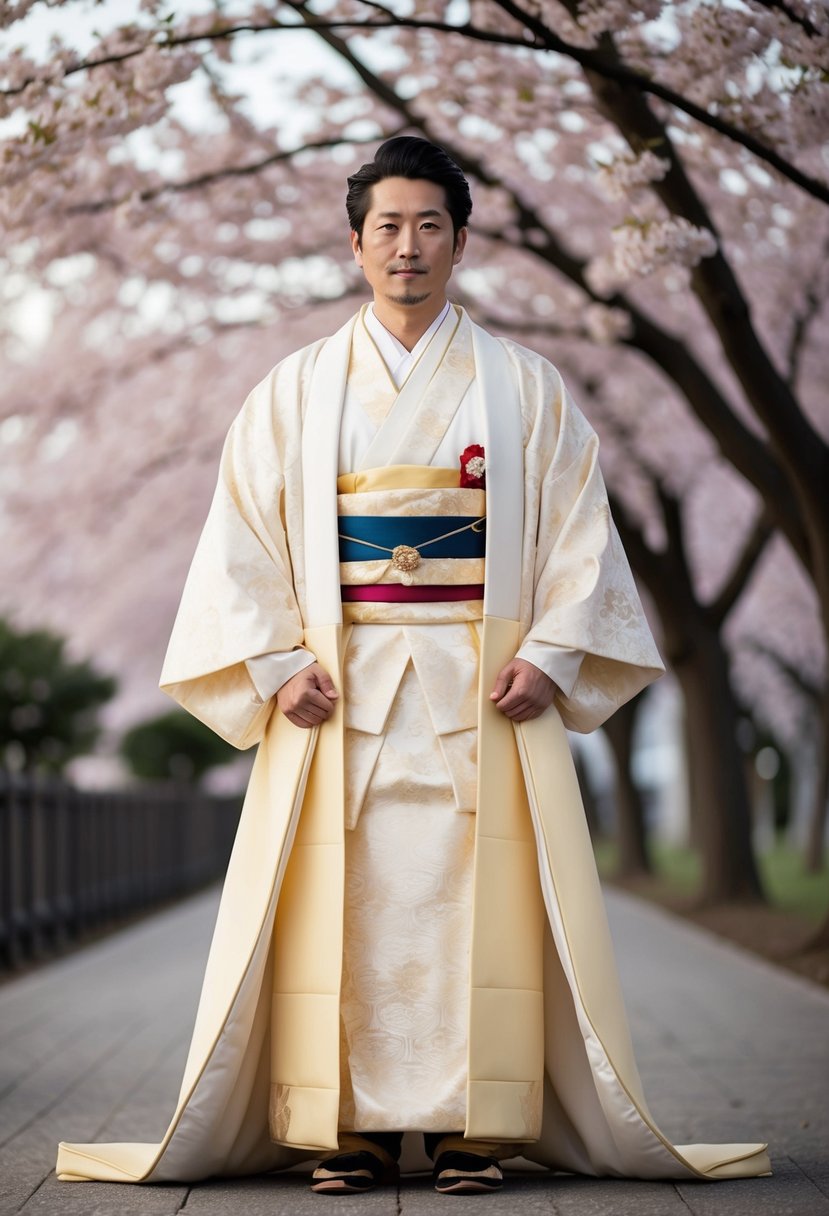 A traditional Japanese wedding kimono draped over a classic Hifu overcoat, set against a serene backdrop of cherry blossom trees