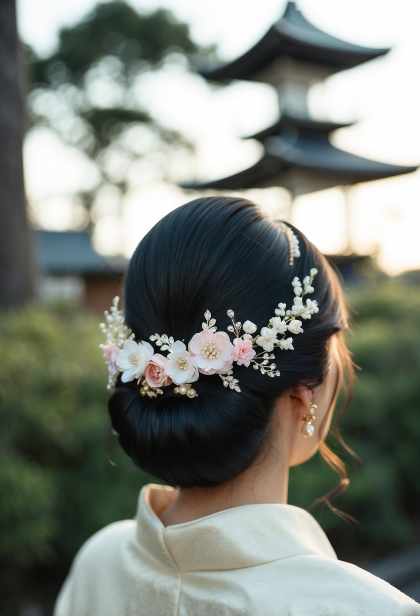 A delicate floral kanzashi hairpiece adorns a traditional Japanese wedding dress, adding a touch of elegance and grace