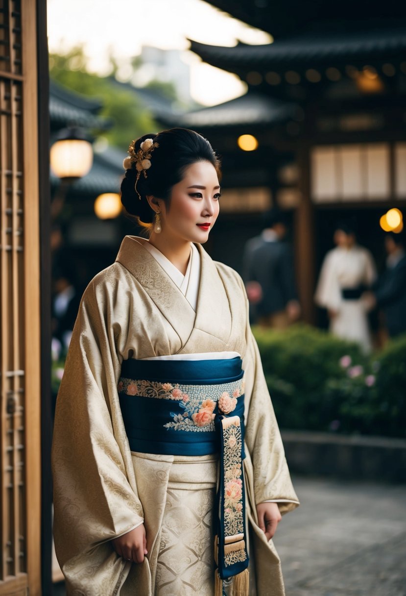 A vintage obi belt draped over a traditional Japanese wedding dress, adorned with intricate patterns and delicate embroidery