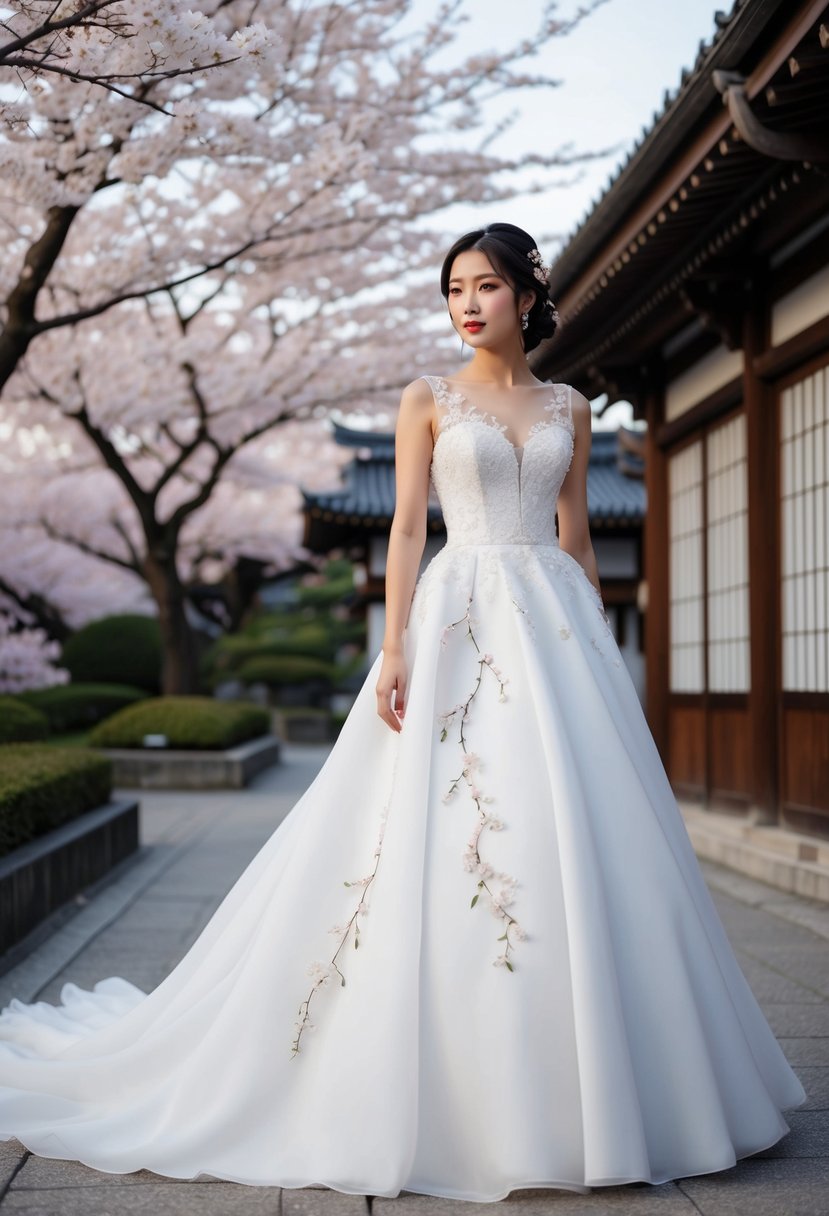 A flowing white wedding dress adorned with delicate cherry blossom embroidery, set against a backdrop of traditional Japanese architecture and blooming cherry blossom trees