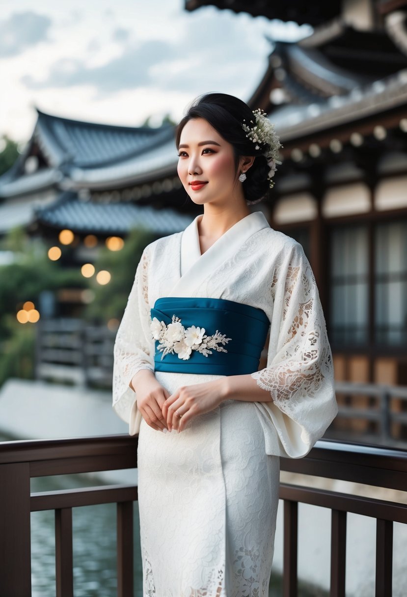 A modern lace kimono with fusion Japanese wedding dress details