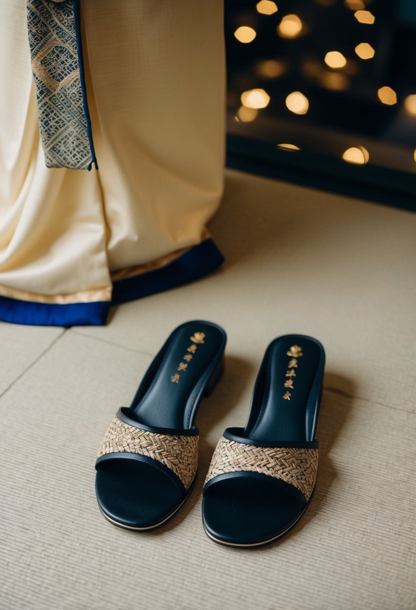 A pair of minimalist Zori sandals placed next to a traditional Japanese wedding dress