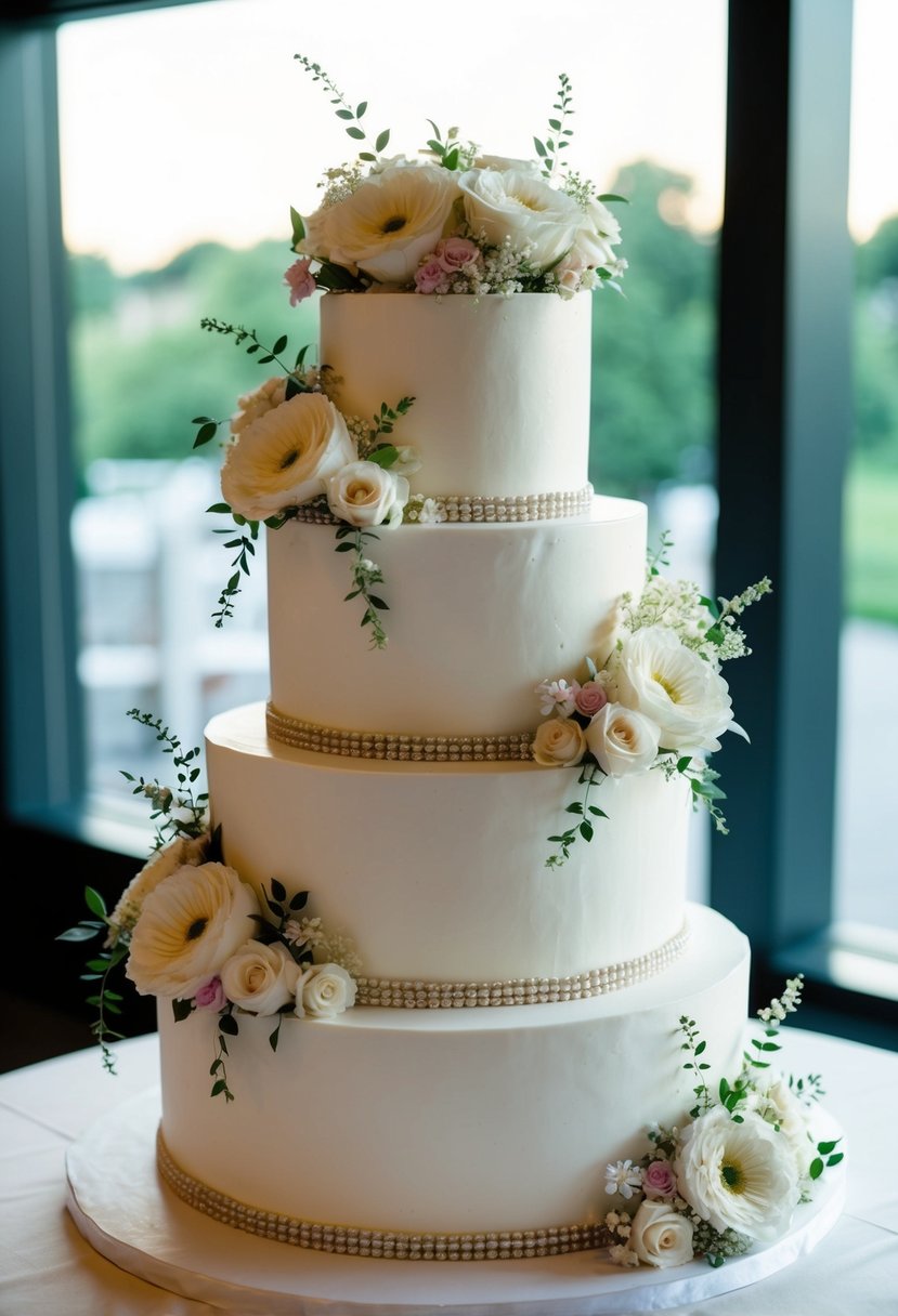 A three-tiered wedding cake adorned with cascading floral decorations and delicate icing details