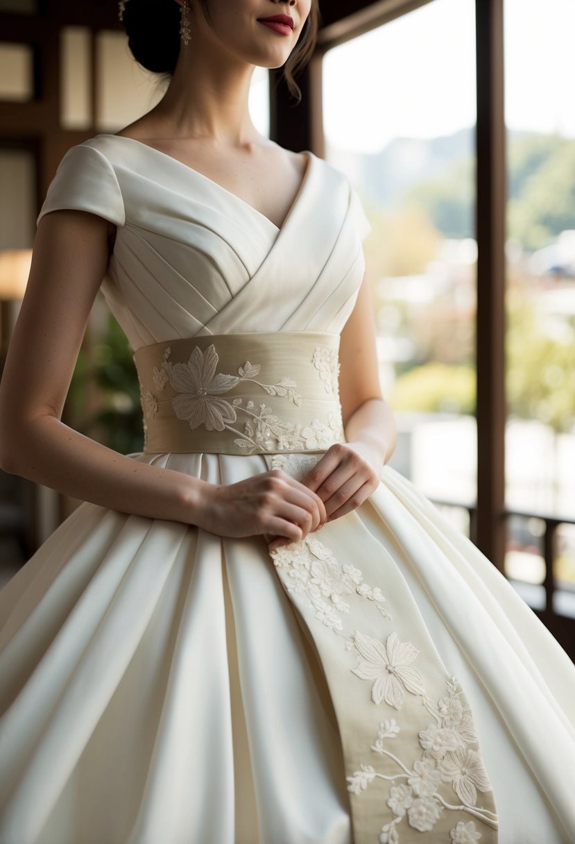 A delicate obiage sash adorns a flowing Japan wedding dress, with intricate floral patterns and elegant folds