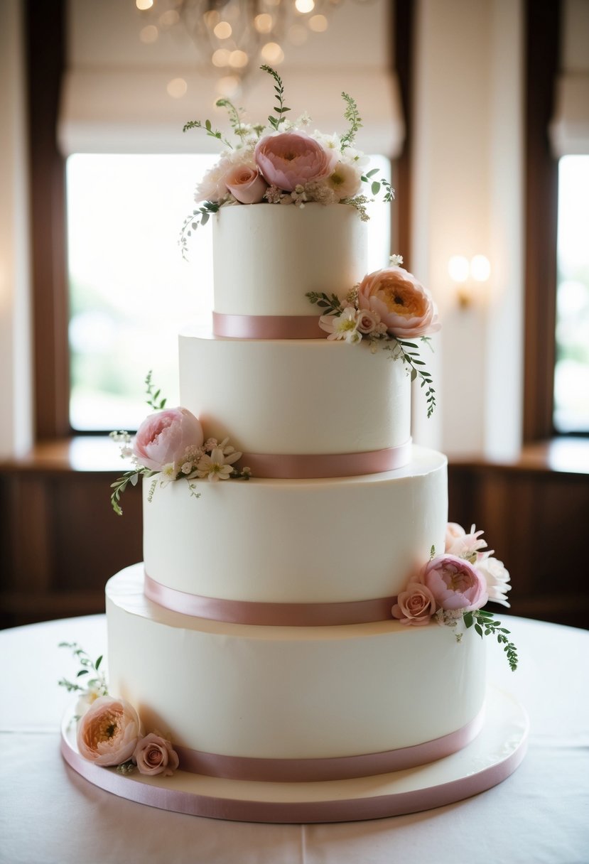 A three-tiered wedding cake adorned with delicate pastel flowers and ribbons