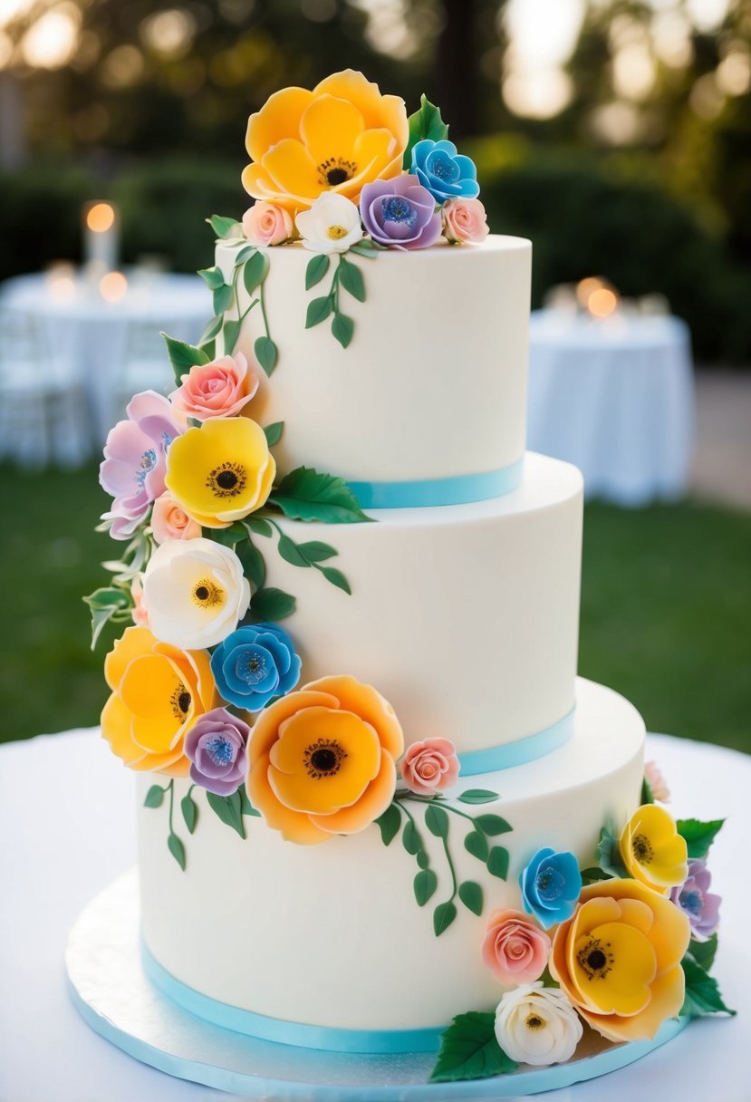 A three-tiered wedding cake adorned with realistic sugar flowers in various colors and sizes, cascading down the sides