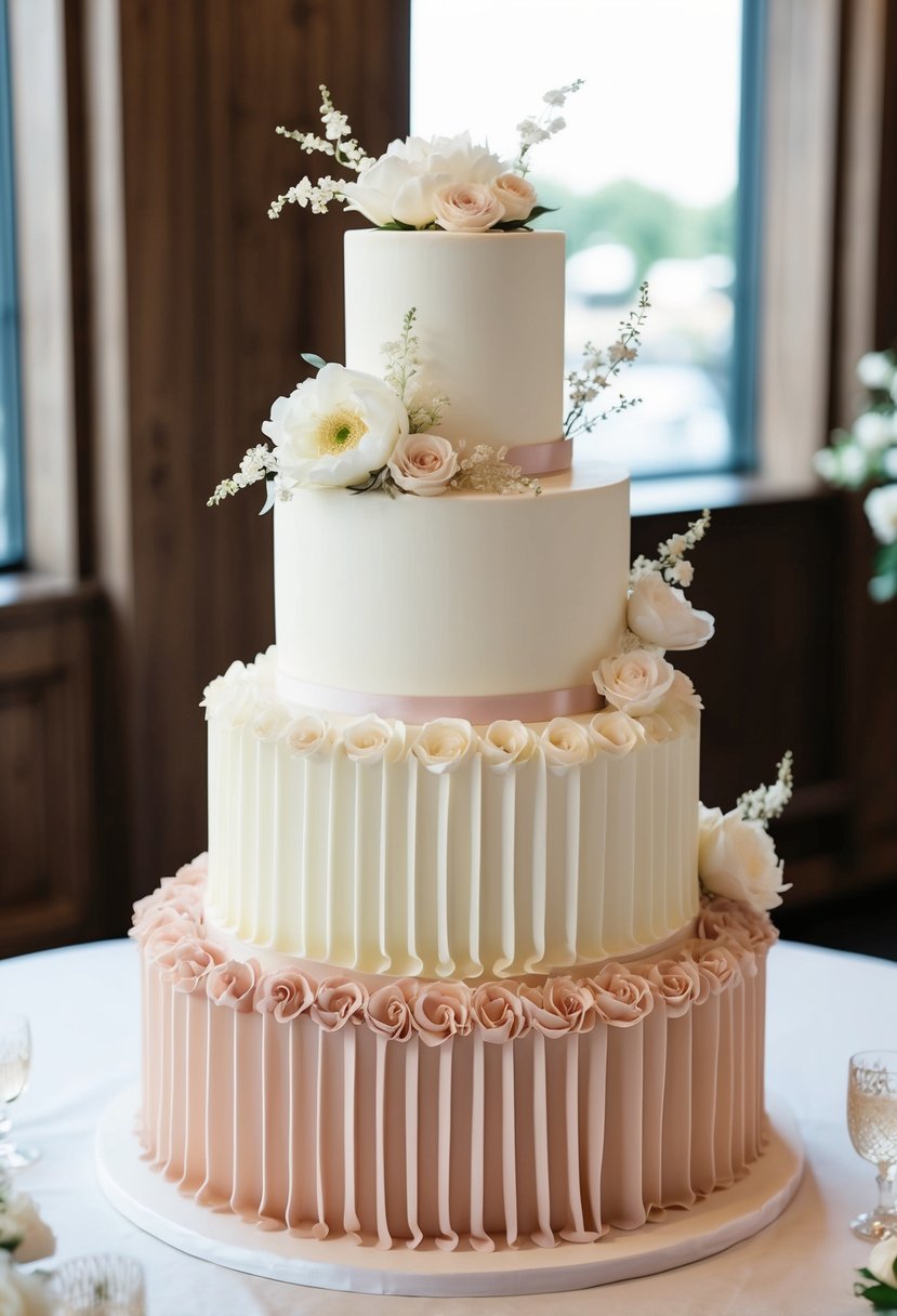 A three-tiered wedding cake with cascading ruffles in shades of white and blush, adorned with delicate floral accents