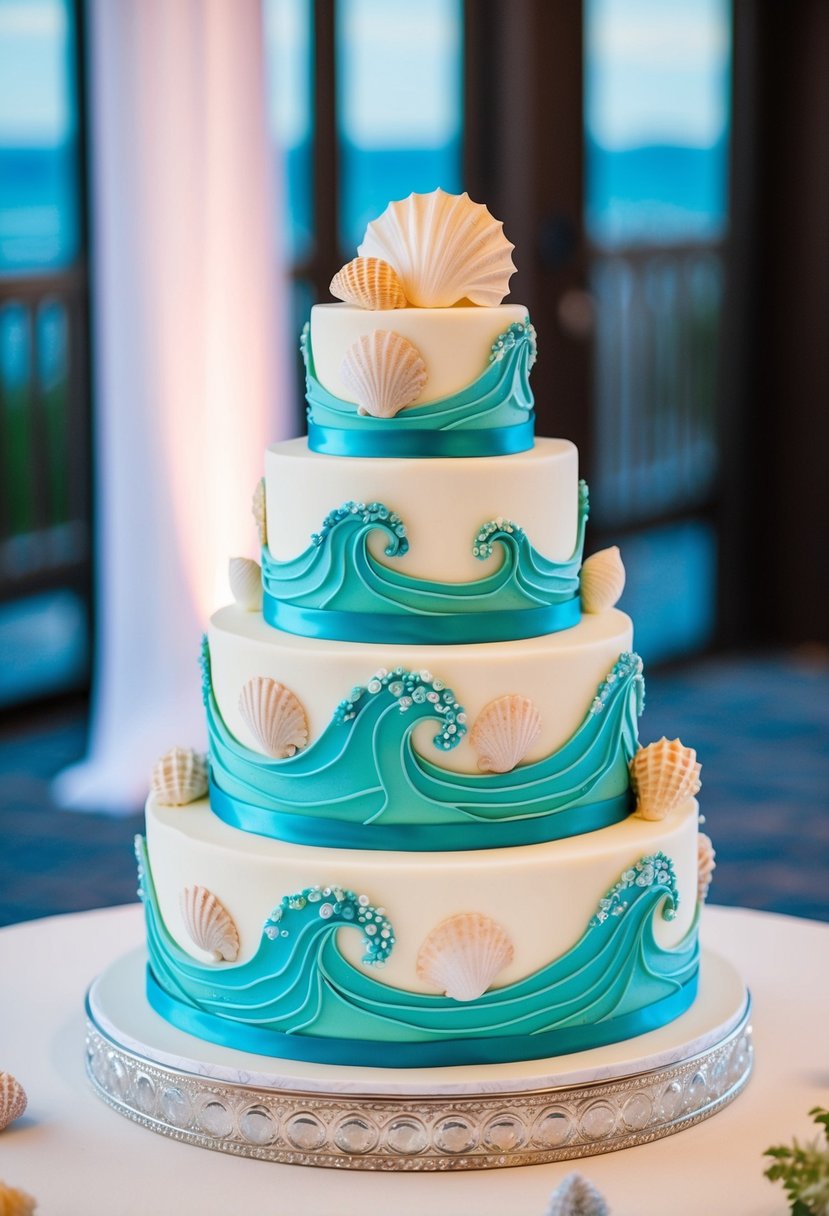 A three-tiered wedding cake adorned with intricate seashell and wave designs, accented with soft hues of blue and green