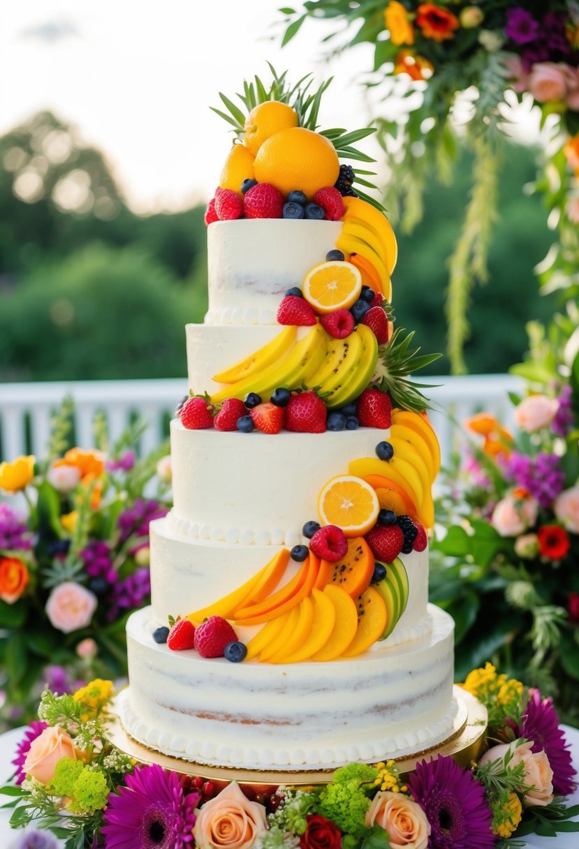 A three-tiered wedding cake adorned with a colorful array of fresh fruit cascading down the sides, surrounded by vibrant flowers and greenery