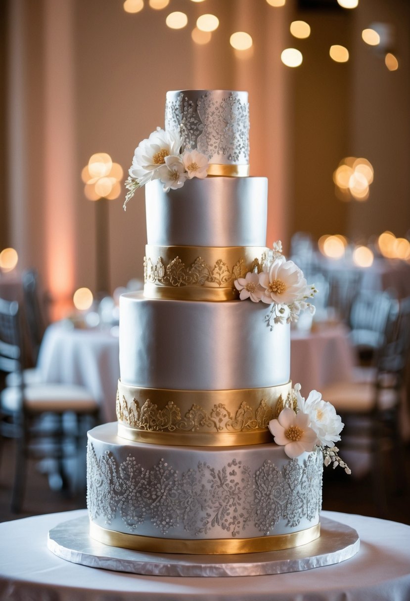 A three-tiered wedding cake with metallic silver and gold accents, adorned with delicate sugar flowers and intricate patterns