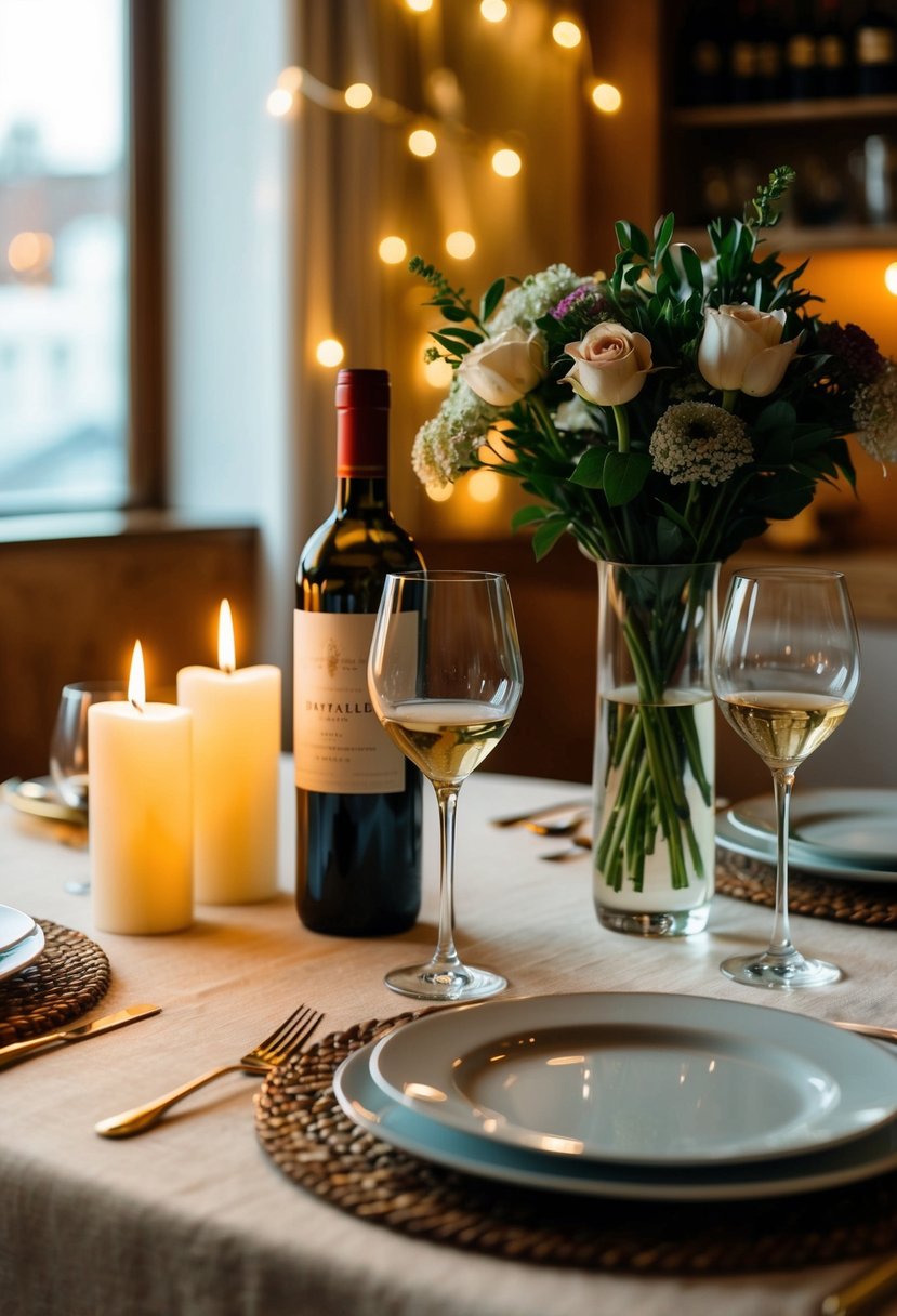 A cozy, candlelit dinner table with a bottle of wine, two elegant wine glasses, and a bouquet of fresh flowers as a wedding anniversary gift for a husband