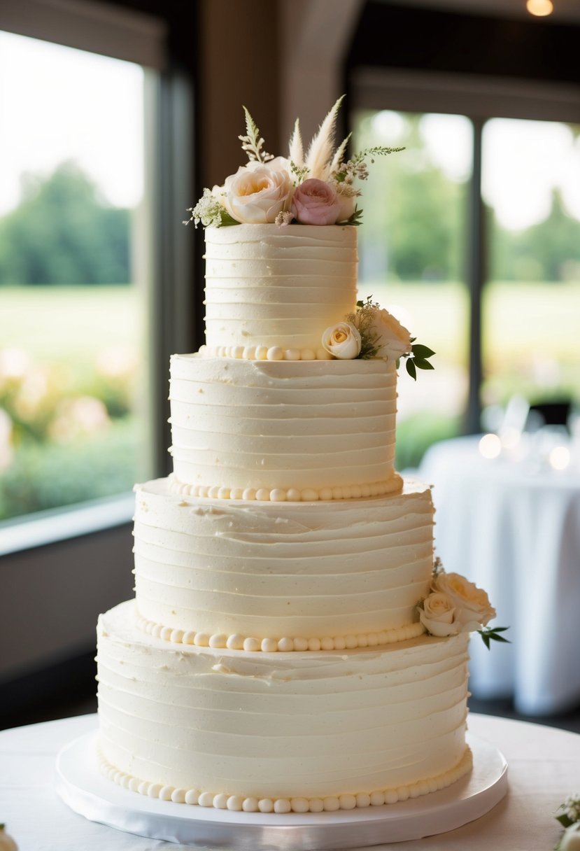 A three-tiered wedding cake with textured buttercream icing, adorned with delicate floral decorations and elegant piping details