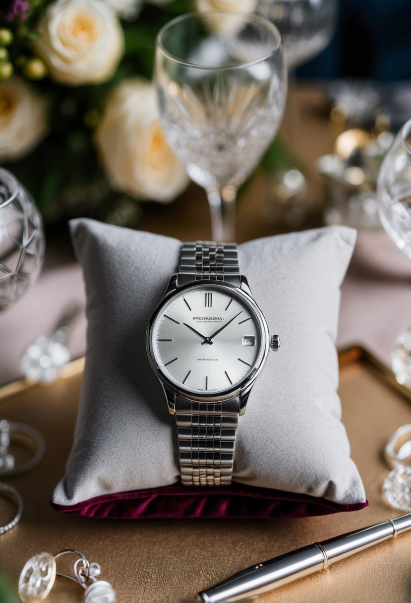 A sleek, silver watch with a personalized engraving sits on a velvet cushion, surrounded by elegant anniversary decor