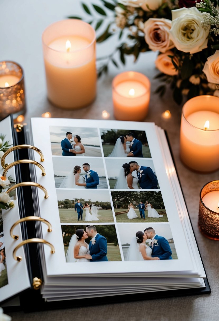 A custom photo album filled with wedding memories, surrounded by romantic candles and flowers