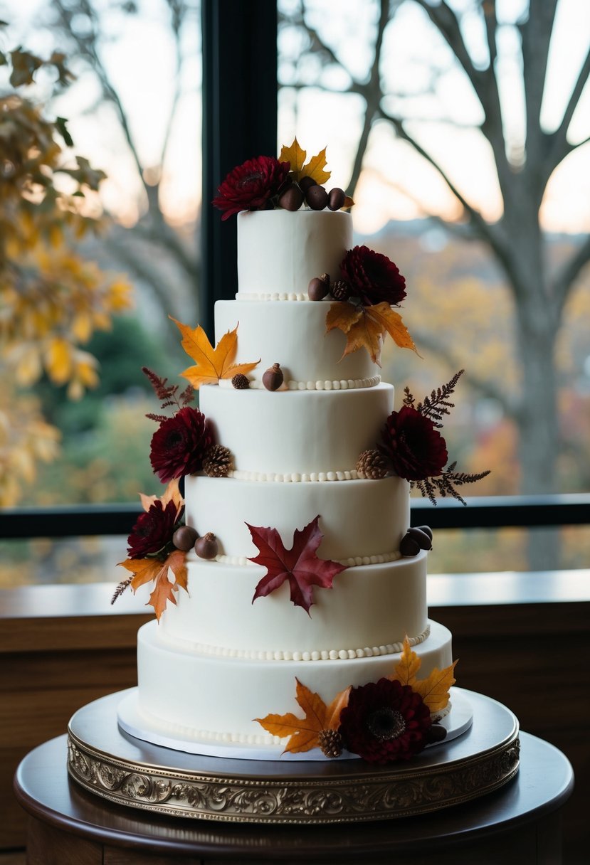 An elegant tiered wedding cake adorned with autumn leaves, acorns, and rich burgundy flowers