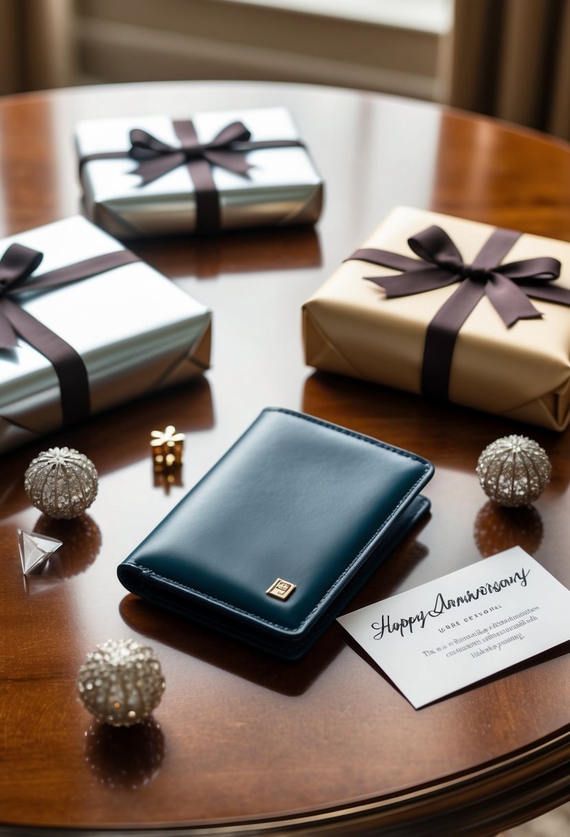 A sleek leather wallet surrounded by elegant gift wrapping and a small anniversary card on a polished wooden table