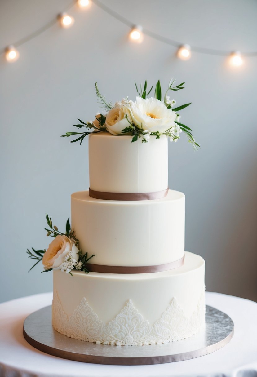 A two-tier wedding cake with simple, elegant design. The bottom tier features delicate lace detailing, while the top tier is adorned with fresh flowers and minimalistic accents