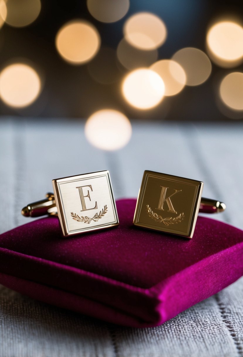 A pair of elegant cufflinks engraved with the couple's initials, resting on a velvet cushion