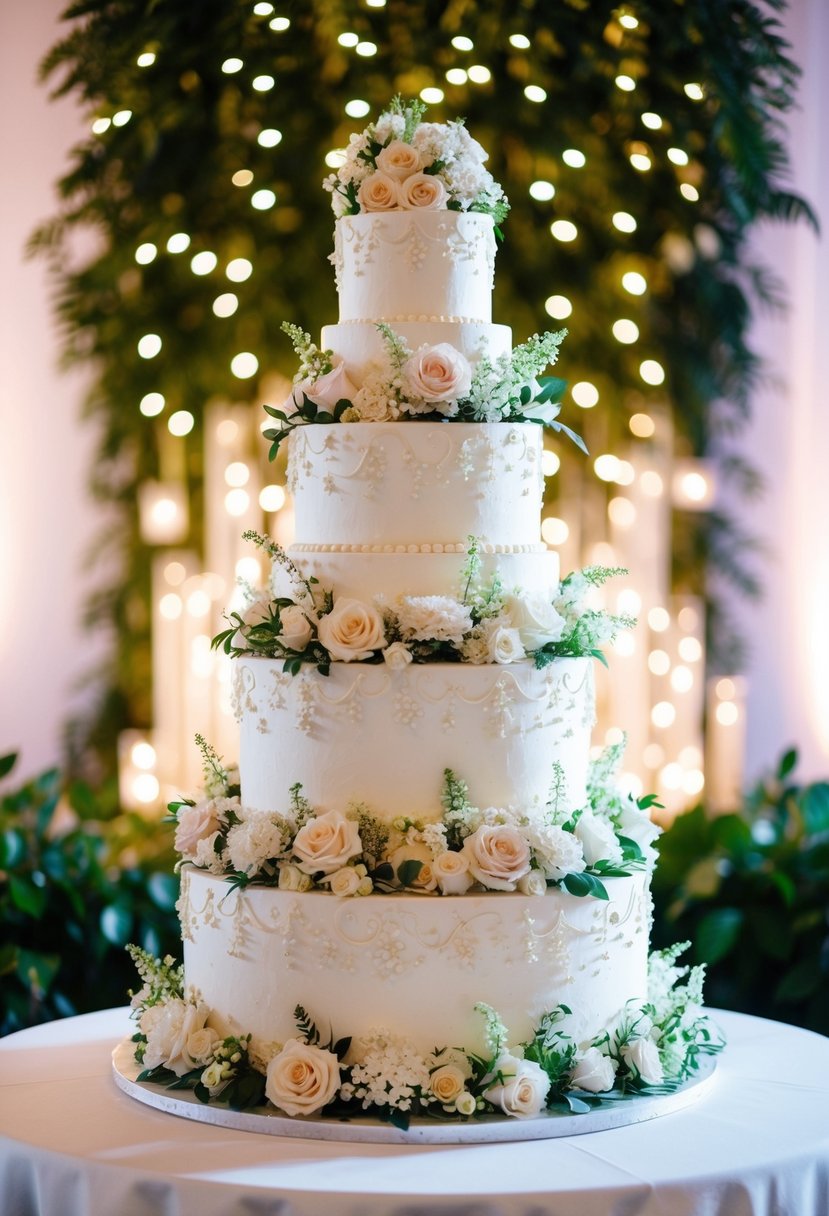 A towering wedding cake adorned with cascading flowers and intricate detailing, set against a romantic backdrop of twinkling lights and lush greenery