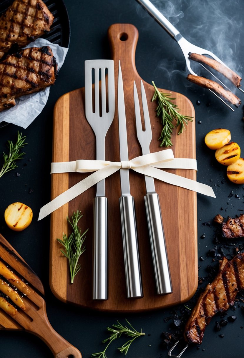 A sleek, stainless steel grill tool set displayed on a wooden cutting board with a ribbon tied around it, surrounded by sizzling grill marks and a smoky barbecue aroma