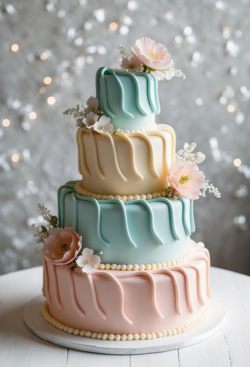 A three-tiered wedding cake with wiggled and wavy piping in pastel colors, adorned with delicate sugar flowers and intricate icing details