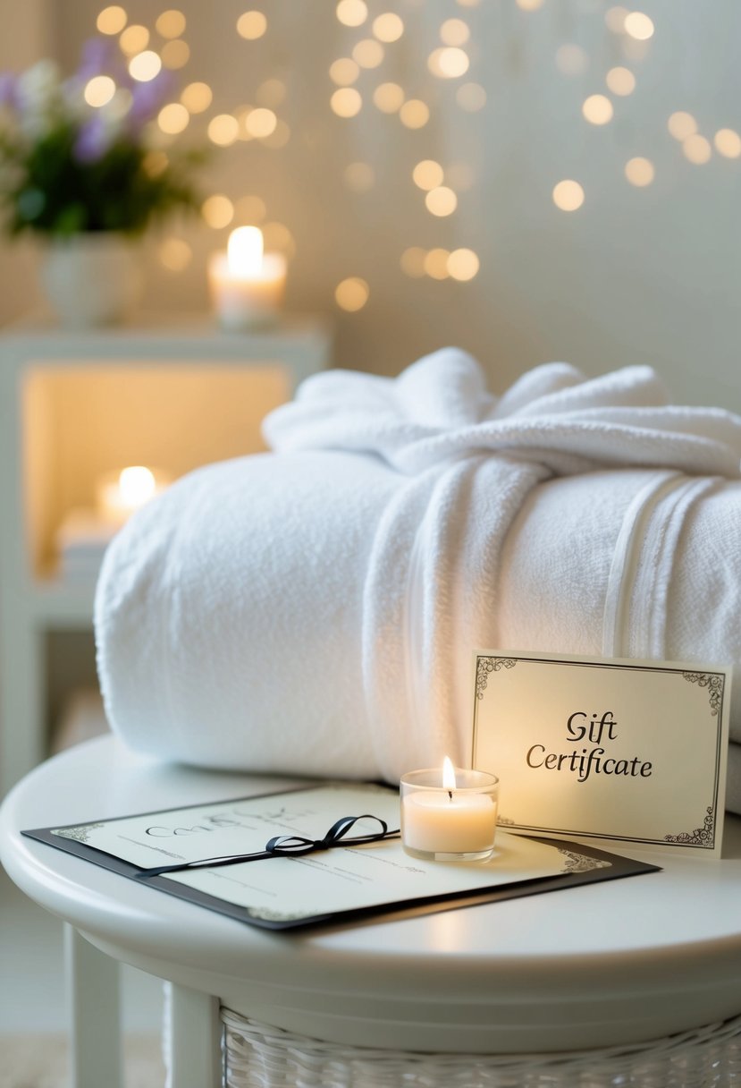 A serene spa room with soft lighting, a plush robe, and a tranquil atmosphere. A gift certificate is displayed on a table with a ribbon