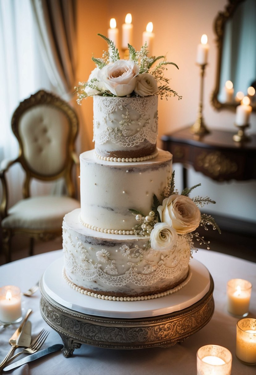 A rustic, vintage-inspired wedding cake adorned with delicate lace, pearls, and floral details, set against a backdrop of antique furniture and soft candlelight