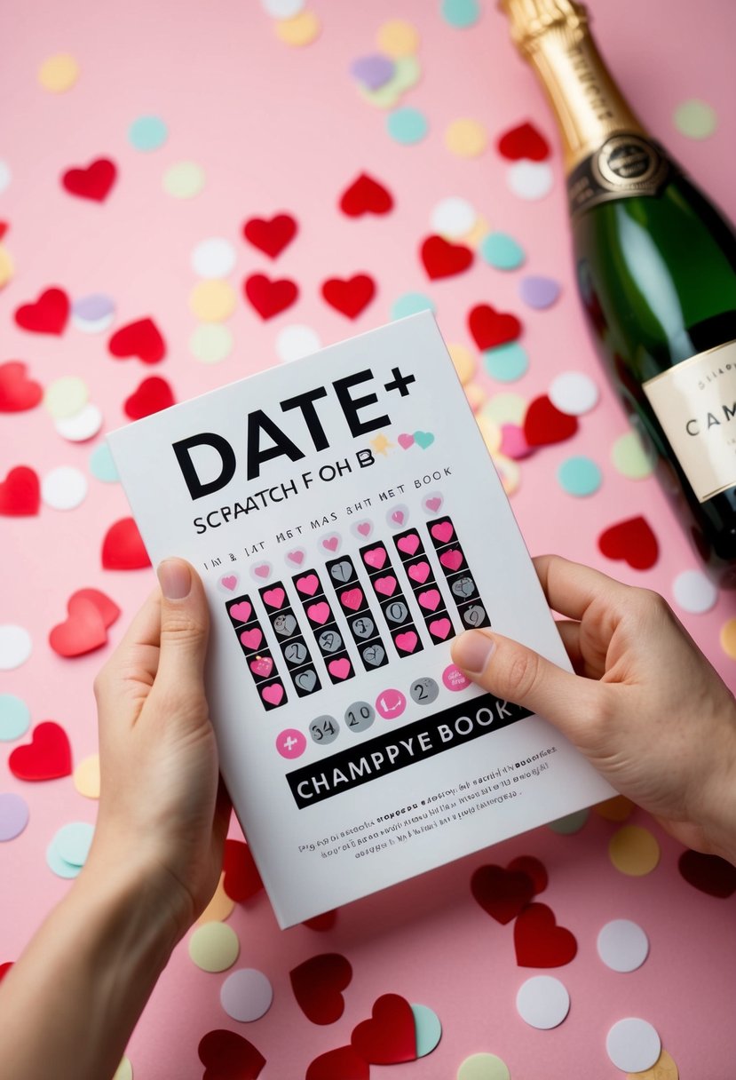 A hand holding a scratch-off date book, surrounded by heart-shaped confetti and a champagne bottle