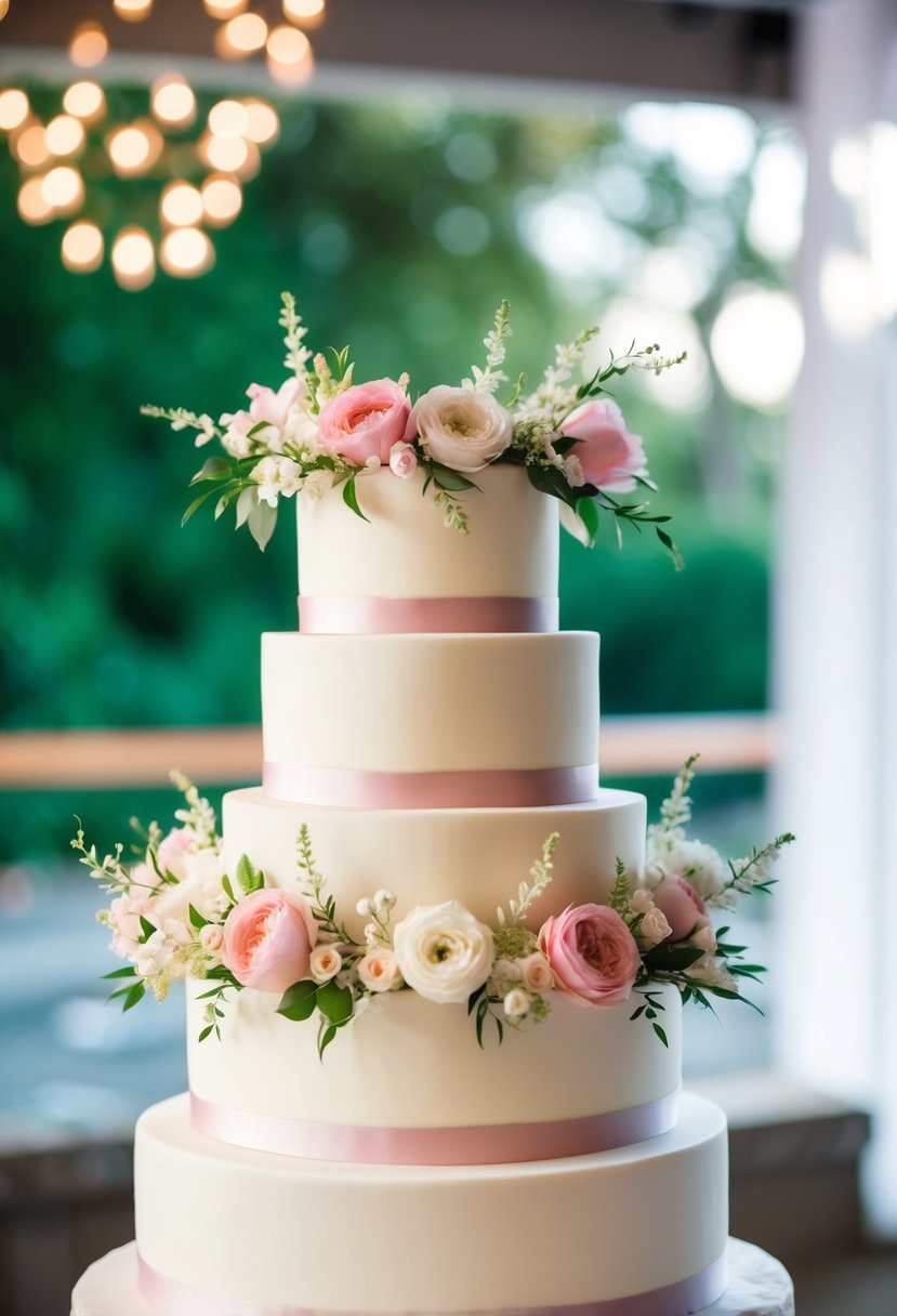 A three-tiered wedding cake adorned with delicate floral crown accents in shades of pink, white, and green