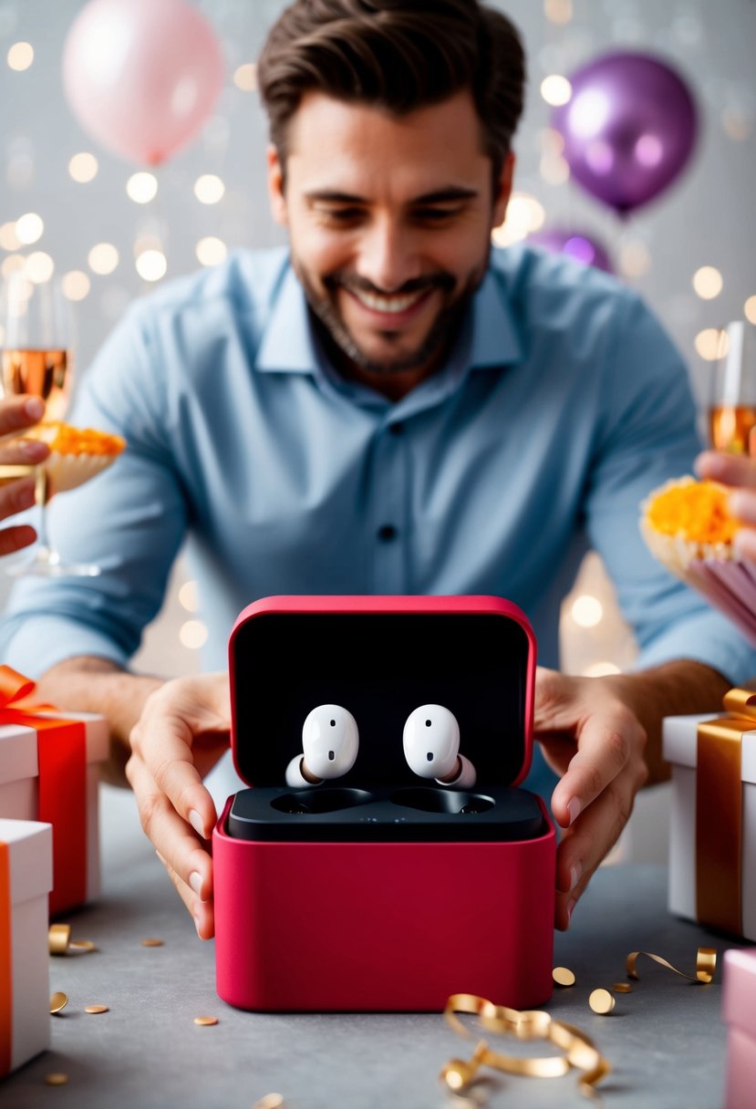 A man opening a gift box with wireless Bluetooth earbuds inside, surrounded by anniversary decorations and a celebratory atmosphere