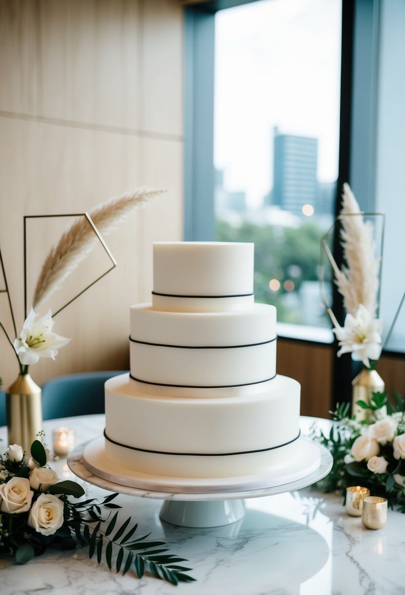 A sleek, three-tiered wedding cake with clean lines and minimalistic decorations sits on a marble table, surrounded by modern floral arrangements and geometric accents