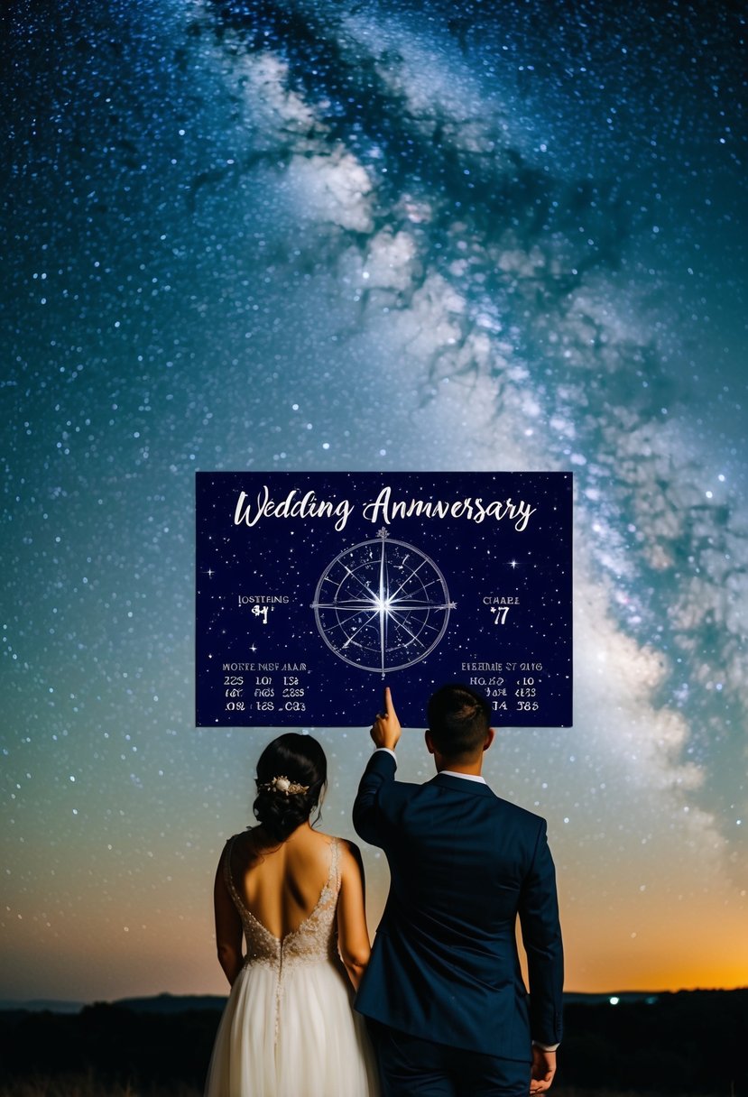 A couple standing under a starry night sky, pointing to a personalized star map, with the date and location of their wedding anniversary highlighted