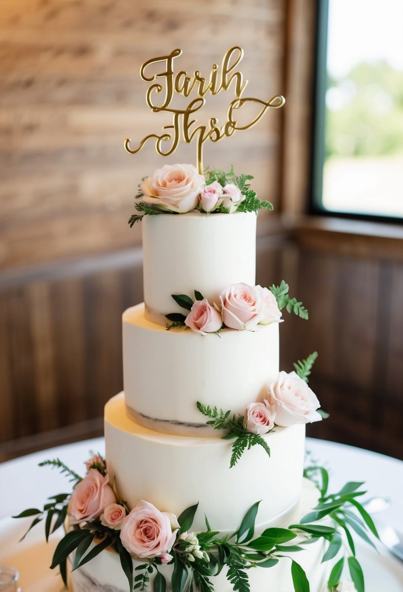 A white two-tier wedding cake adorned with delicate pink roses and greenery. A gold cake topper spells out the couple's initials