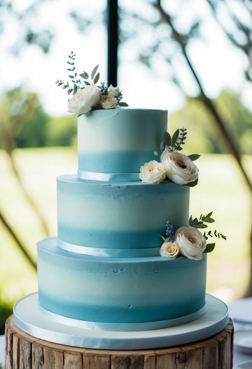 A two-tier wedding cake with dusty blue buttercream, adorned with delicate floral decorations and elegant piping details