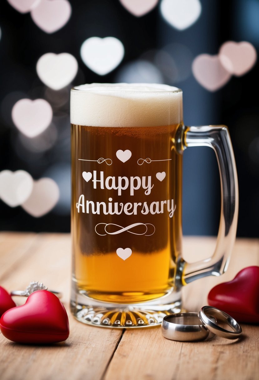 A beer mug with "Happy Anniversary" etched on the side, surrounded by hearts and wedding rings