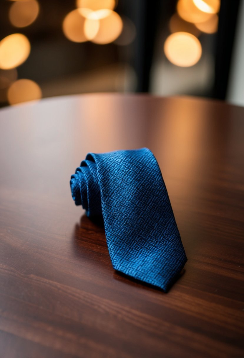 A fancy silk tie laid out on a polished wooden surface, surrounded by soft, warm lighting