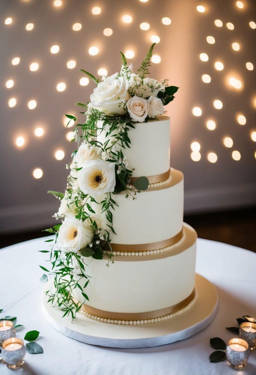 A two-tiered wedding cake adorned with cascading elegant floral decorations