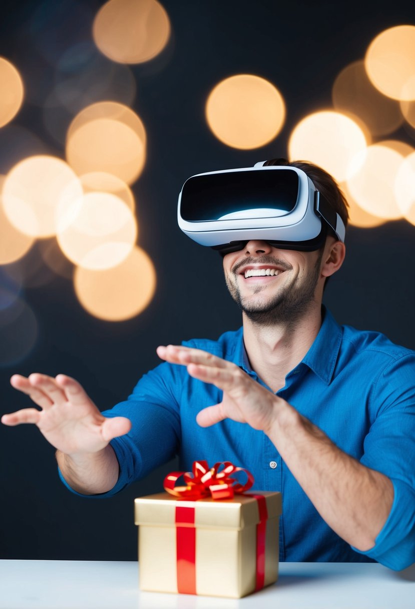 A man wearing a VR headset, smiling and reaching out as if interacting with virtual objects. A gift box with a bow sits nearby