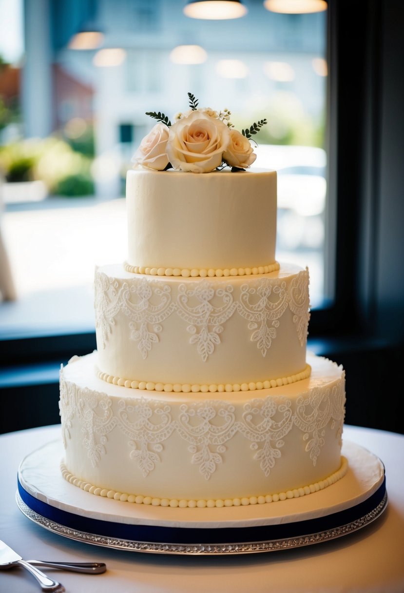 A two-tier wedding cake with vintage lace design and delicate detailing