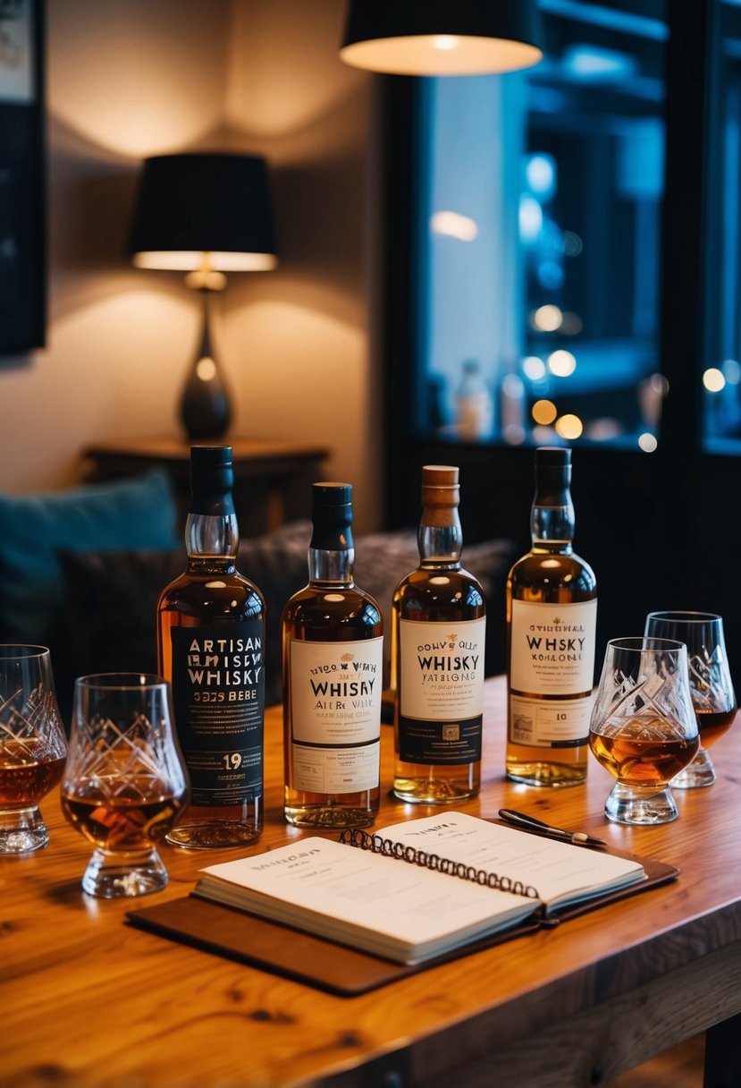 A cozy, dimly lit room with a wooden table set for a whisky tasting. Various artisan whisky bottles, crystal glasses, and a tasting journal are arranged on the table